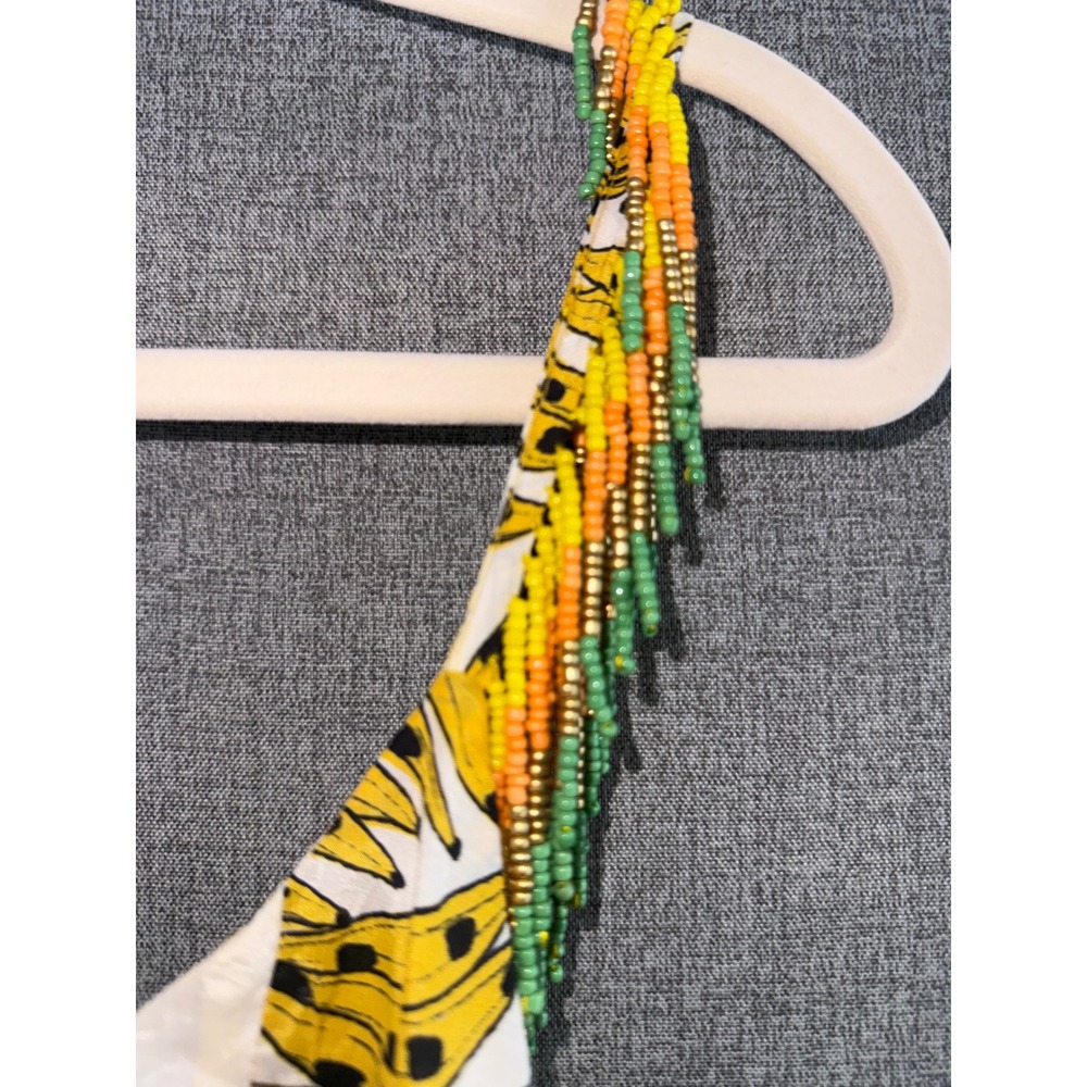 Farm Rio XL Maxi Mixed Prints Dress Yellow Tropical Fruit Beaded Fringe Straps - Picture 4 of 14